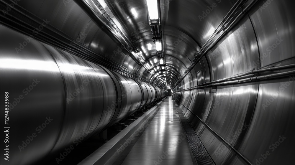 Leinwandbilder long industrial pipelines extending into the distance inside a metallic tunnel with bright overhead 