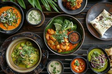 A variety of colorful dishes on a dark wooden table, showcasing a mix of culinary influences, Combining different cultural influences to create a unique fusion of flavors