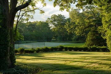 Obraz premium A peaceful summer scene with a tennis court in the distance, surrounded by lush greenery, A serene landscape with a tennis court in the distance