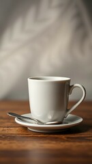 Fototapeta premium White coffee mug and spoon on backdrops Ceramic tea cup for your design vertical