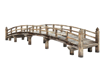 Rustic Wooden Arch Bridge Isolated on White Background

