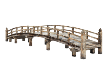 Rustic Wooden Arch Bridge Isolated on White Background

