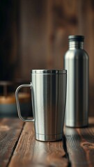 Steel mug on wooden backdrops Blank stainless tumbler for your design Insulated bottle for keep your