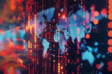 A digital world map with binary code, showcasing the potential impact of cryptocurrency, Visualize the potential future impact of cryptocurrencies on the global economy