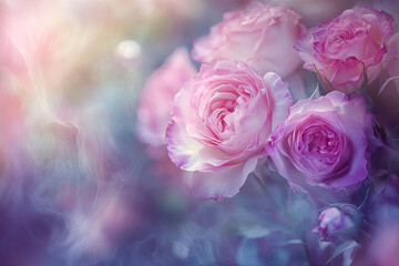 A soft-focus image of pink roses, evoking a dreamy and romantic atmosphere.