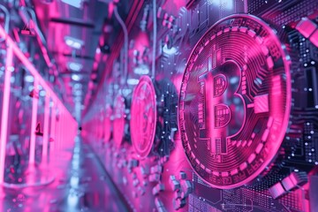Obraz premium A close-up of a Bitcoin symbol illuminated in vibrant pink light, Exploring the intersection of art and technology
