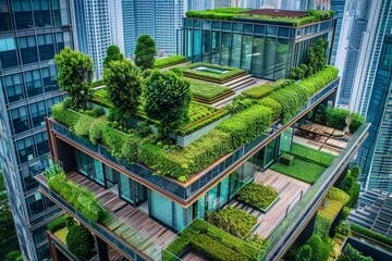 Urban oasis with lush rooftop gardens in modern building amidst towering structures, Rooftop gardens and terraces nestled among towering buildings