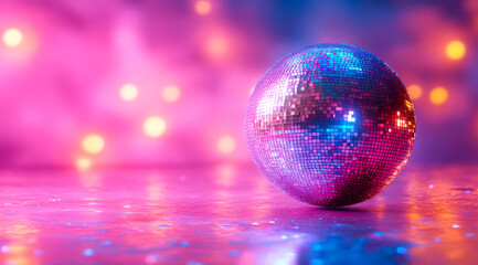 Disco ball sparkles with color. A shiny disco ball glimmers under bright, colorful lights at an evening party, creating a festive atmosphere.