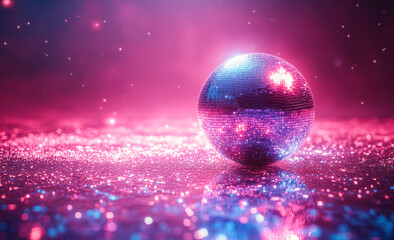 Sparkling disco ball in vibrant setting. A shimmering disco ball reflects colorful lights in a lively atmosphere, creating an enchanting party vibe.