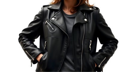 Photo: Black Leather Jacket, Fashion, Style, Zipper Details, Close-up, Hands in Pockets, Gray Shirt, Modern, Chic, Edgy