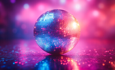 Disco ball reflecting colors. A shiny disco ball captures vibrant lights in a lively dance venue, creating a festive and energetic atmosphere for all.