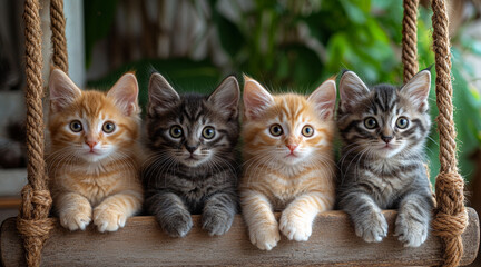 Kittens play in the sun. Four adorable kittens of different colors sit together on a wooden swing in a bright indoor space, surrounded by plants.