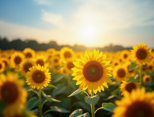 Obraz premium Bright sunflowers blooming in a field at sunset during summer
