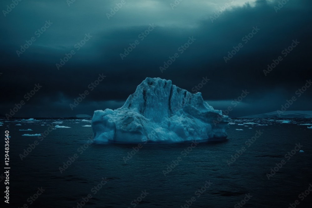 Aufkleber melting iceberg drifts in deep blue waters under an empty sky at twilight. generative ai