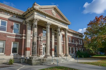 A classic brick school building with a grand entrance and ornate details, photographed in the autumn season, A historic school building with ornate detailing and grand columns