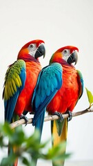 Obraz premium Colorful Parrots bird isolated on white background Red and blue Marcaw on the branches (Clipping pat