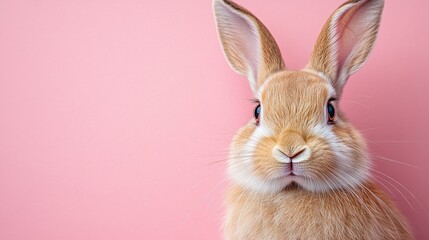 Fototapeta premium Photo of a little bunny, on a soft pink background Easter theme