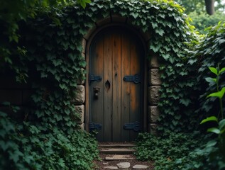 Fototapeta premium Old wooden door covered in vines glowing faintly as if hiding a magical secret
