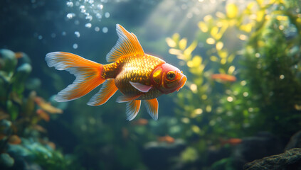 Goldfish in a clear tank. Colorful goldfish swims gracefully through a serene underwater environment, surrounded by lush green plants.