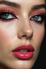 Naklejka premium Close-up of woman wearing avant-garde makeup with bold lipstick and geometric eyeliner