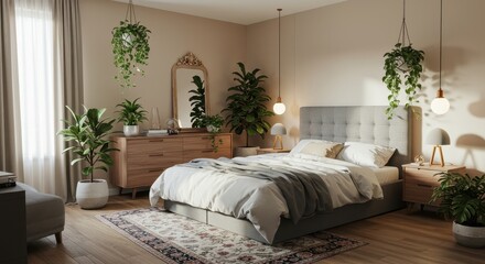 Fototapeta premium Serene Bedroom Oasis: Modern Minimalist Design with Lush Greenery
