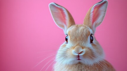 Obraz premium Photo of a little bunny, on a soft pink background Easter theme