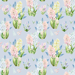 Seamless pattern of spring flowers. Hyacinths of different, blue and lilac shades are hand-painted with watercolors on a light blue background. The botanical illustration is suitable for postcards
