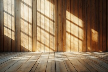 Sunlit wooden room interior, empty floor, window shadows, design background