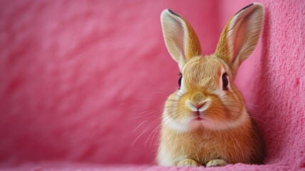 Obraz premium Photo of a little bunny, on a soft pink background Easter theme