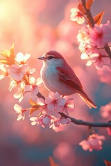 Bird on tree branch with beautiful flower in Spring.