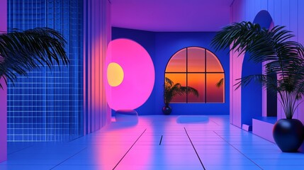 Naklejka premium Aesthetic neon-lit interior design with palm trees and sunset view creating a vibrant and futuristic atmosphere enhanced by vivid colors