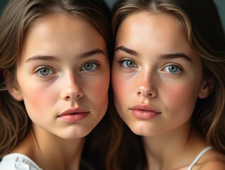 Identical twin sisters posing together showing natural beauty