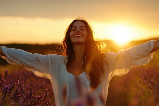 A woman stands in a blooming lavender field, arms wide open and smiling joyfully as the warm golden sunset casts a magical light around her, exuding happiness and freedom.