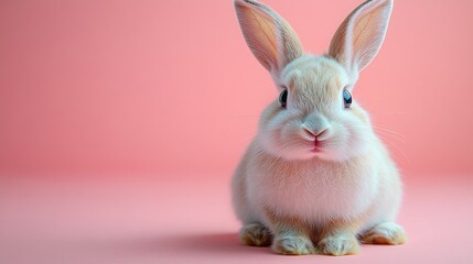 Obraz premium Photo of a little bunny, on a soft pink background Easter theme