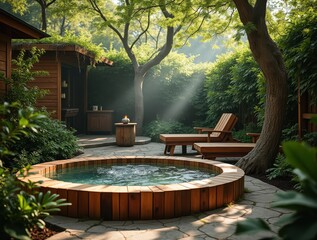 Obraz premium Wooden hot tub inviting relaxation in a peaceful garden setting