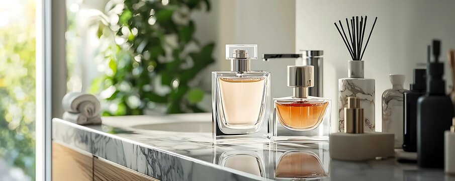 Elegant perfume bottles displayed on a luxurious marble vanity in a modern bathroom setting, ideal for luxury fragrance branding