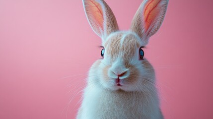 Obraz premium Photo of a little bunny, on a soft pink background Easter theme
