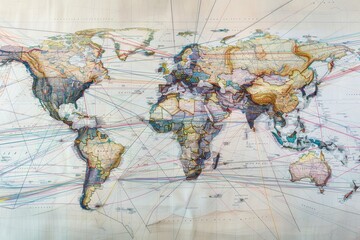 Naklejka premium A world map with lines connecting various locations, illustrating the global network of topaz trade routes, A world map with interconnected lines representing trade routes