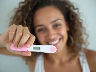 Happy woman showing positive pregnancy test result at home