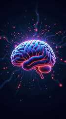 A digital illustration of an artificial general intelligence with a human-like brain structure at its core, emanating electric sparks and energy patterns to symbolize advanced computational power.