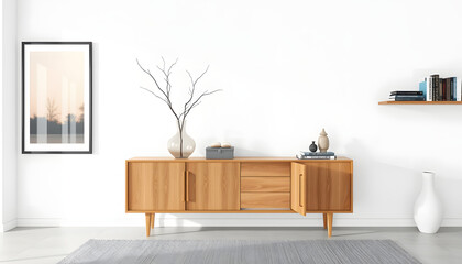 Interior design of living room interior with wooden sideboard, poster, vase with branch, box, slippers, wall with stucco, sculpture, books, gray carpet and personal accessories. Home decor. Template