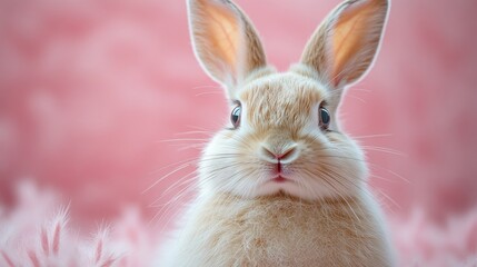 Obraz premium Photo of a little bunny, on a soft pink background Easter theme