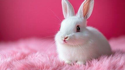 Photo of a little bunny, on a soft pink background Easter theme