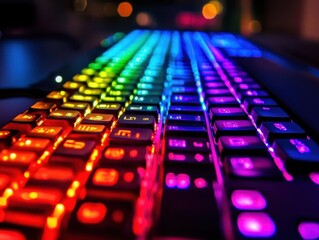 Fototapeta premium A detailed shot of a gaming keyboard with colorful backlighting, Gaming, Product photography, Bright and detailed