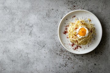 Spaghetti with egg and pepper flakes on plate over rustic surface