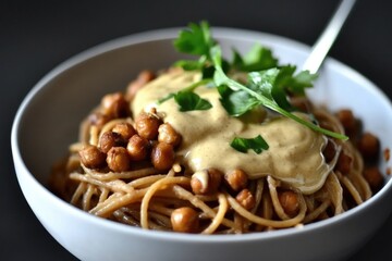 Chickpea pasta with creamy sauce and fresh parsley garnish