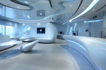 A futuristic office space with humanoid robots, advanced technology, and a bright, clean aesthetic, A futuristic office space filled with cutting-edge technology and sleek design elements