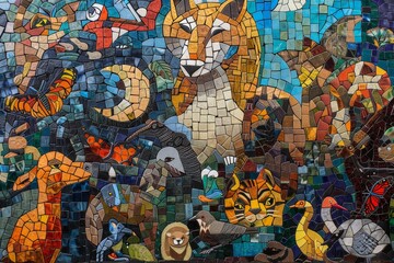 Fototapeta premium A colorful mosaic artwork featuring rescued animals living together in harmony, A mosaic of rescued animals living in harmony with humans in a sanctuary