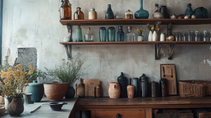 Rustic Kitchen Interior with Vintage Glass Bottles and Jars on Wooden Shelves