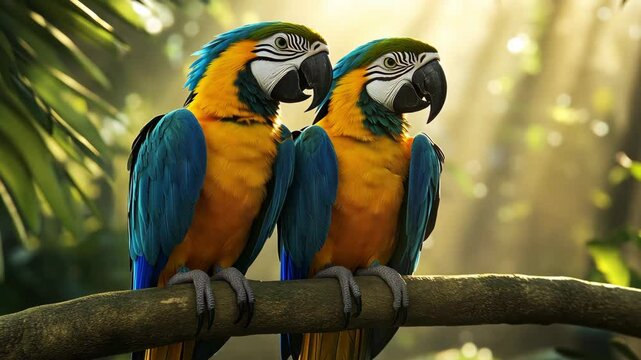 Two vibrant macaws are perched closely on a branch in a lush rainforest, illuminated by soft sunlight filtering through the trees